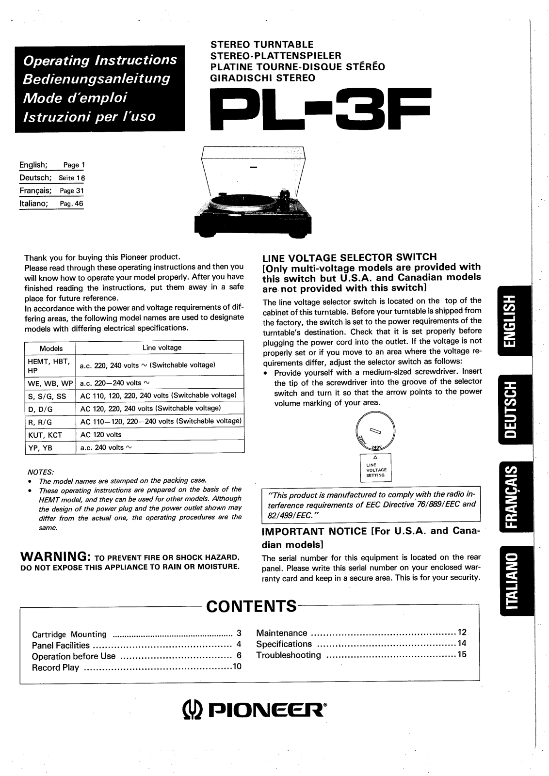 Pioneer PL-3F User Manual