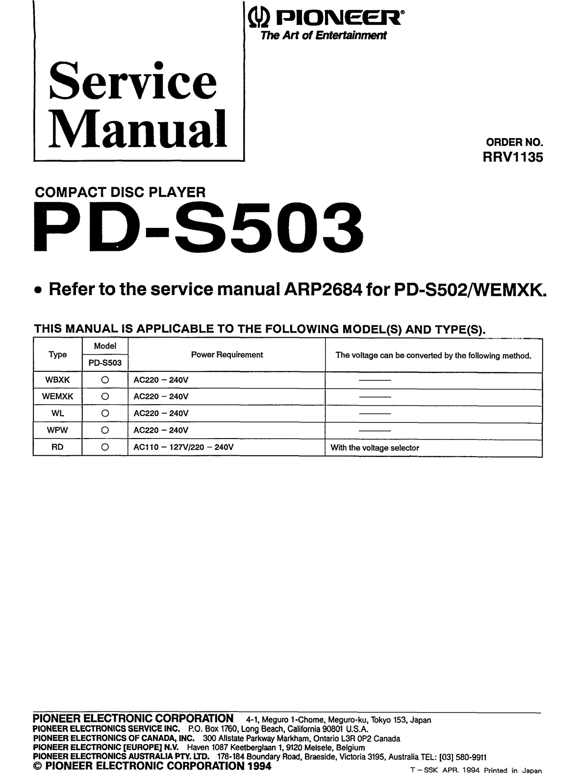 Pioneer PDS-503 Service manual