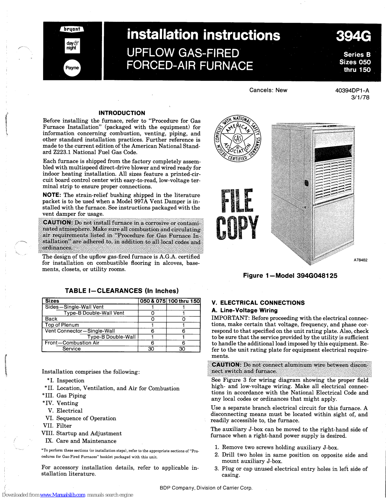 Bryant 394G Installation Instructions Manual