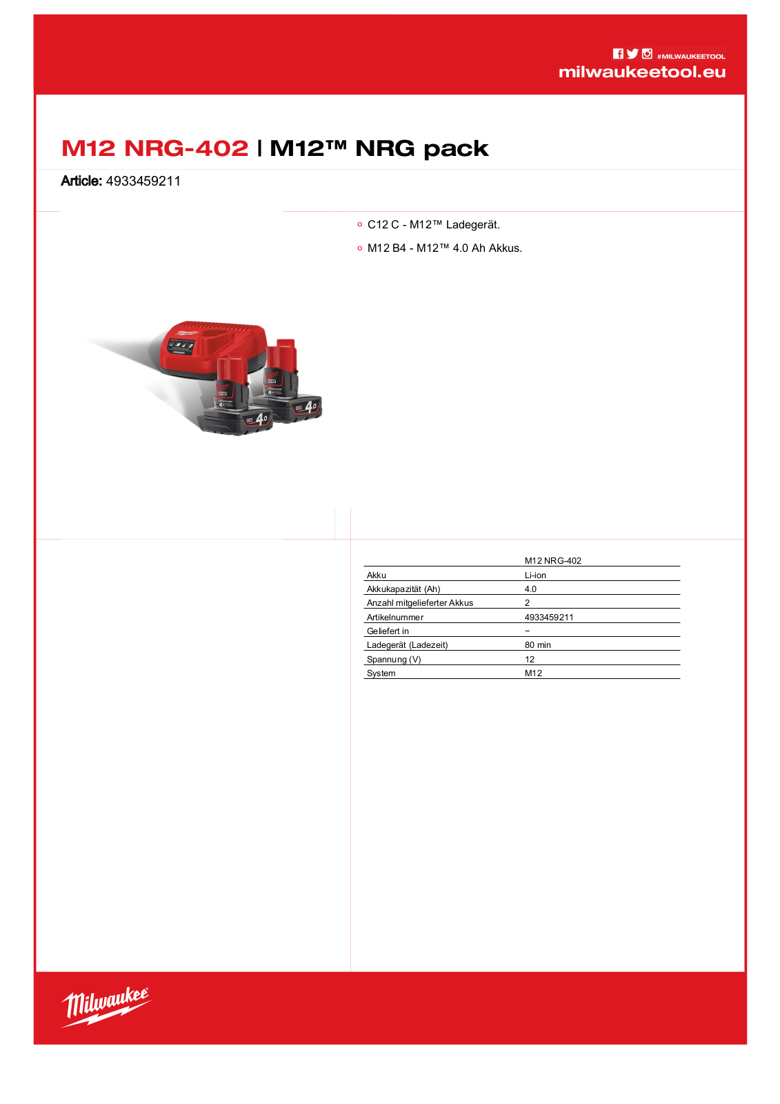 Milwaukee M12 NRG-402 User Manual