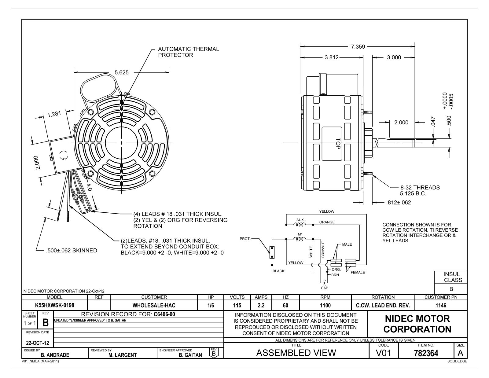 US Motors 1146 Dimensional Sheet