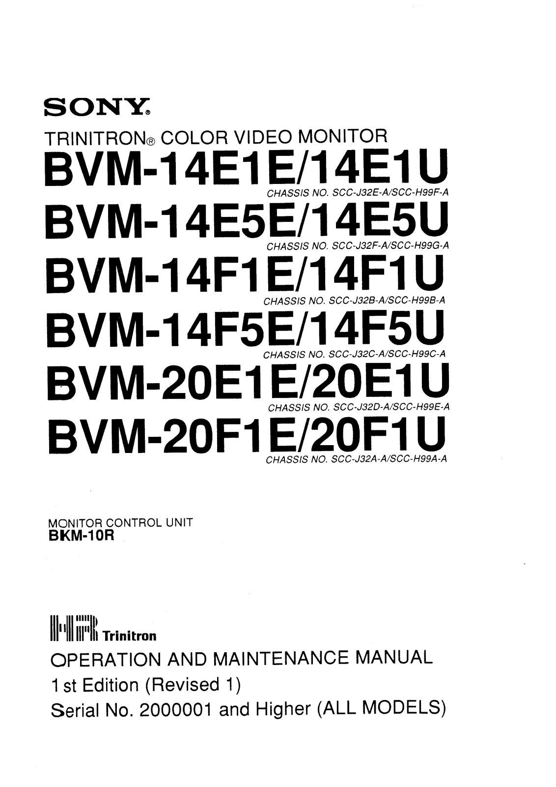 Sony BVM-14E1, BVM-14E5, BVM-14F1, BVM-14F5, BVM-20E1 Service Manual