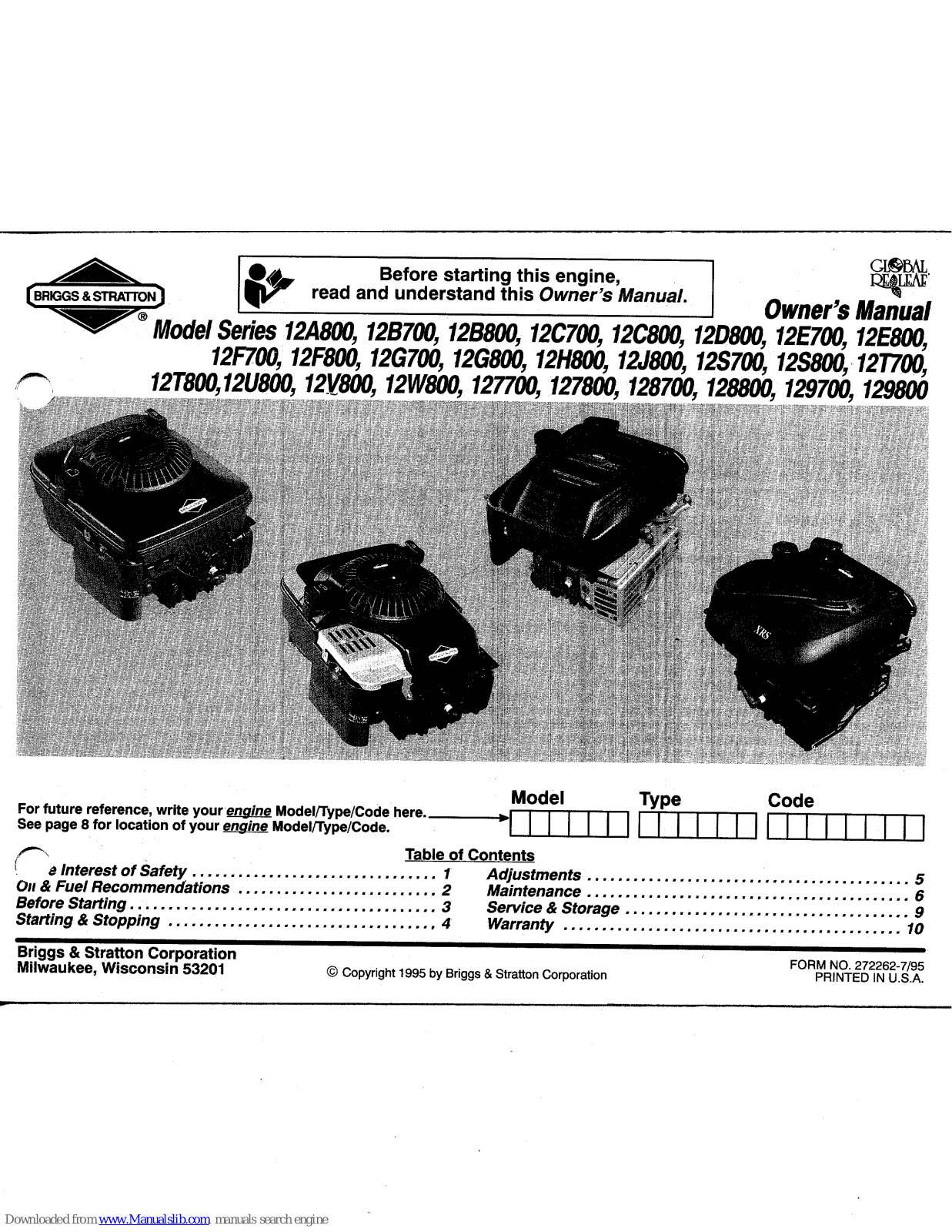 Briggs & Stratton 12C800, 12B700, 12D800, 12E700, 12E800 Owner's Manual