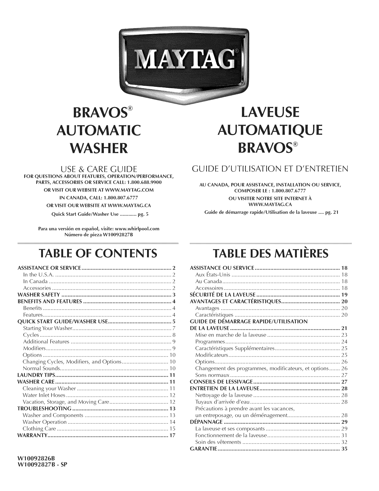 Maytag MVWB300WQ1, MVWB300WQ0 Owner’s Manual