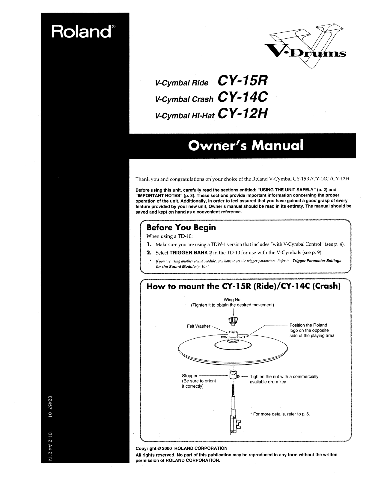 Roland Corporation CY-15R Owner's Manual