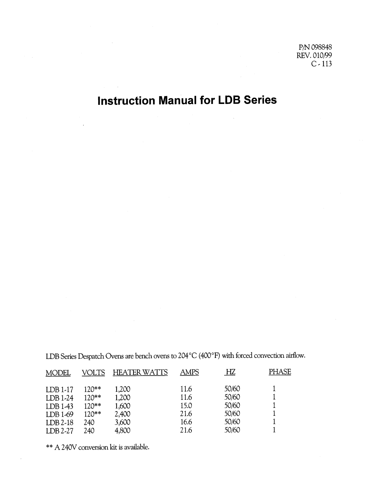 Despatch LDB1-17-4 Specifications