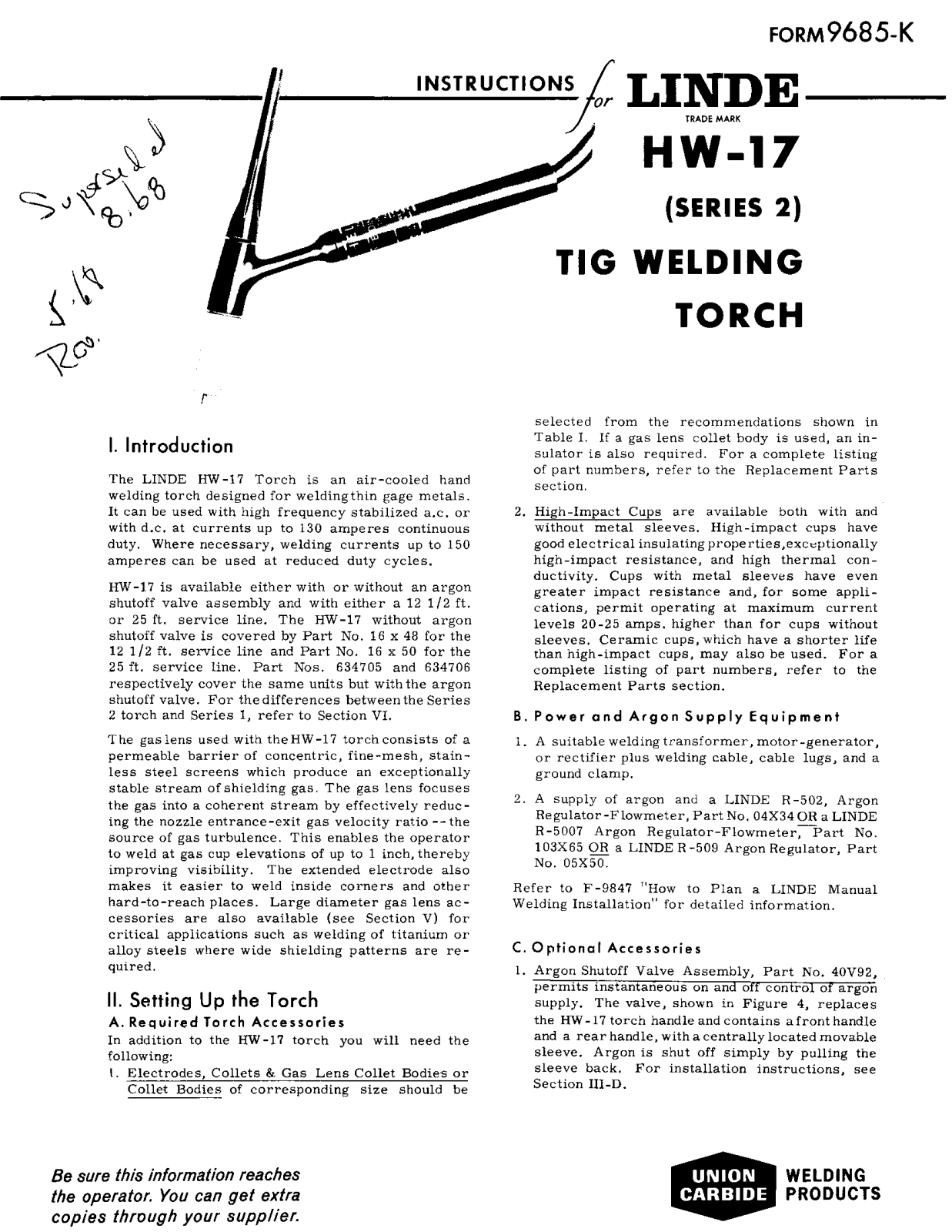 UNION CARBIDE Linde HW-17 (Series 2) Tig Welding Torch Troubleshooting instruction