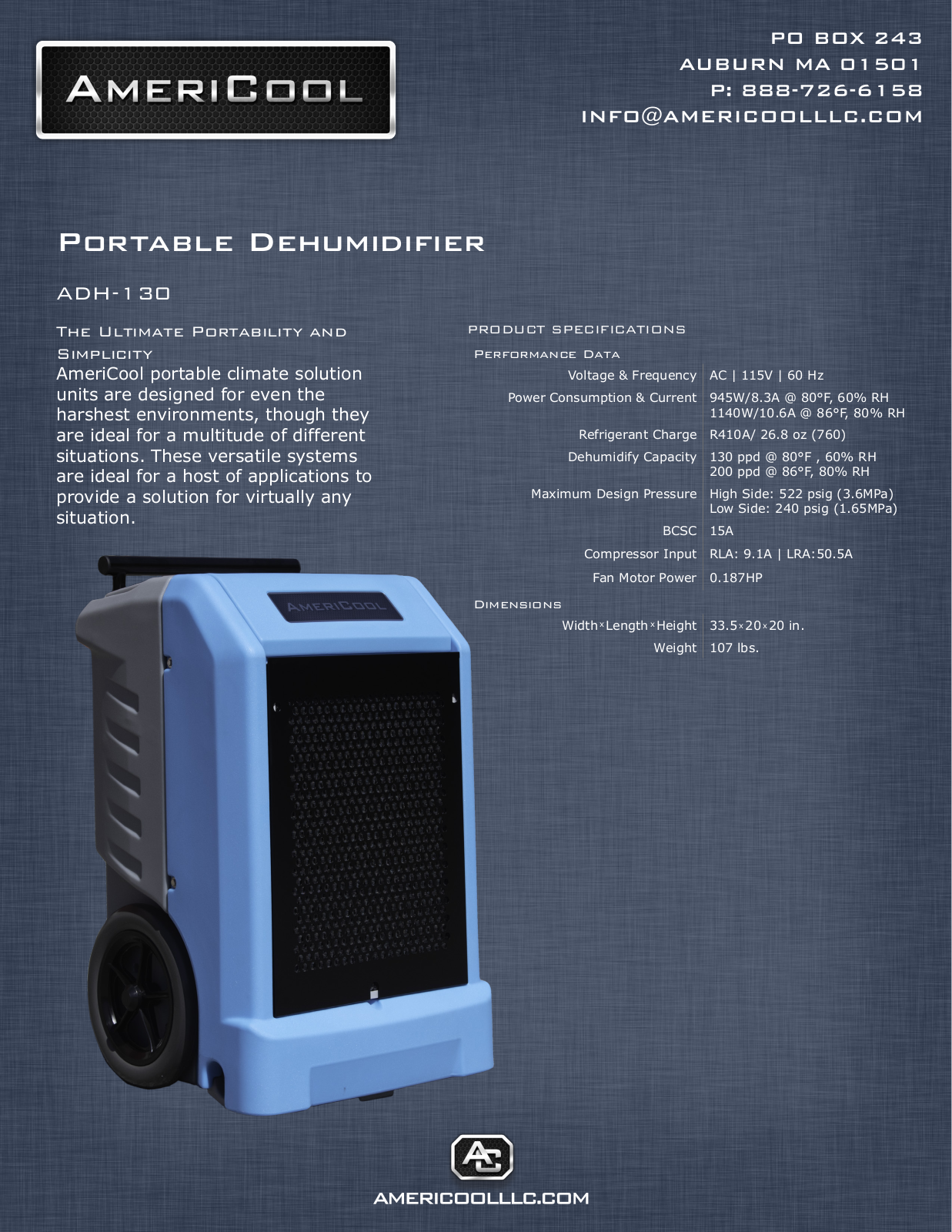 AmeriCool AHD-130 Spec Sheet - ManualMachine.com