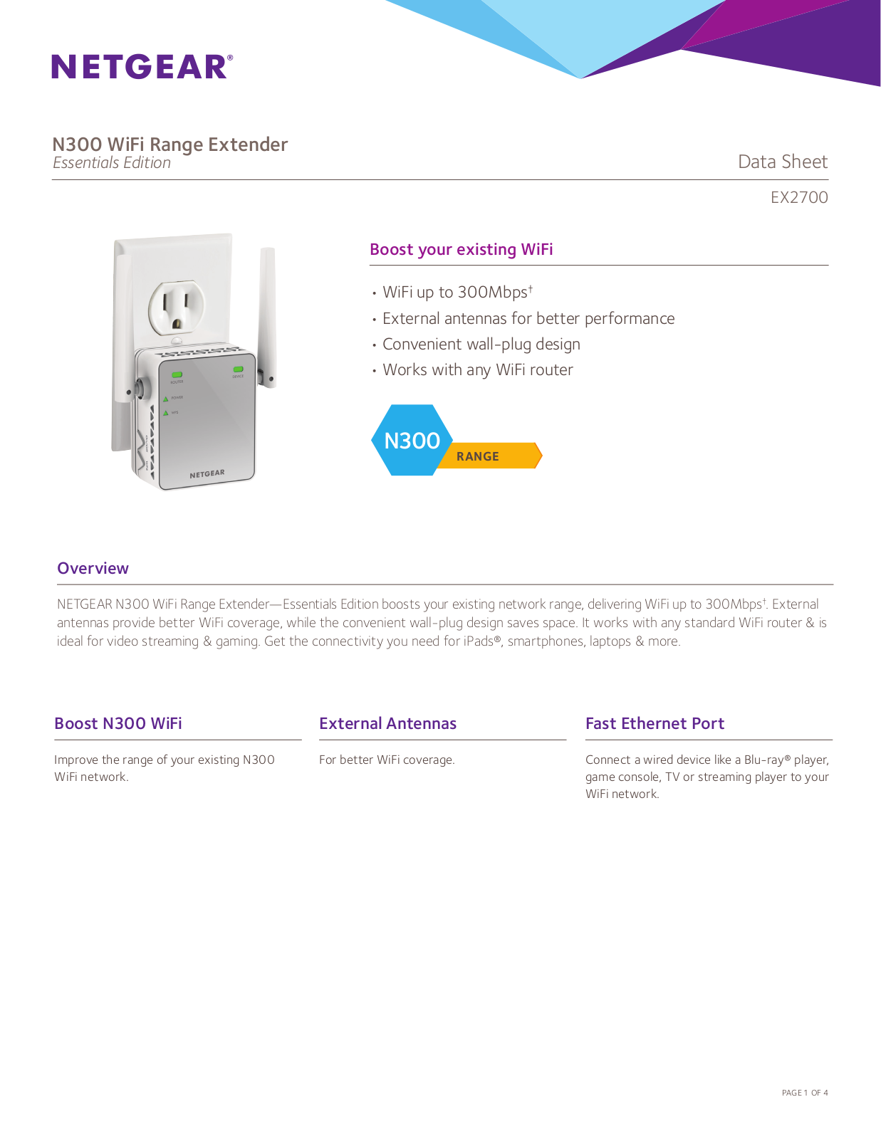 Netgear EX2700-100UKS Product Data Sheet