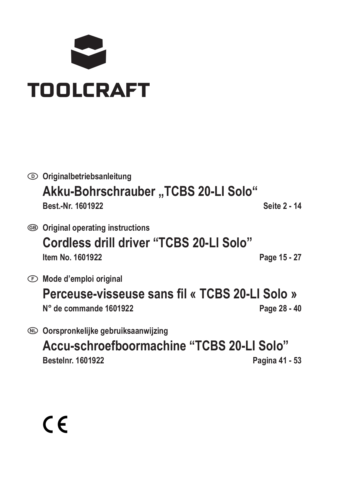 TOOLCRAFT 1601922 Instructions