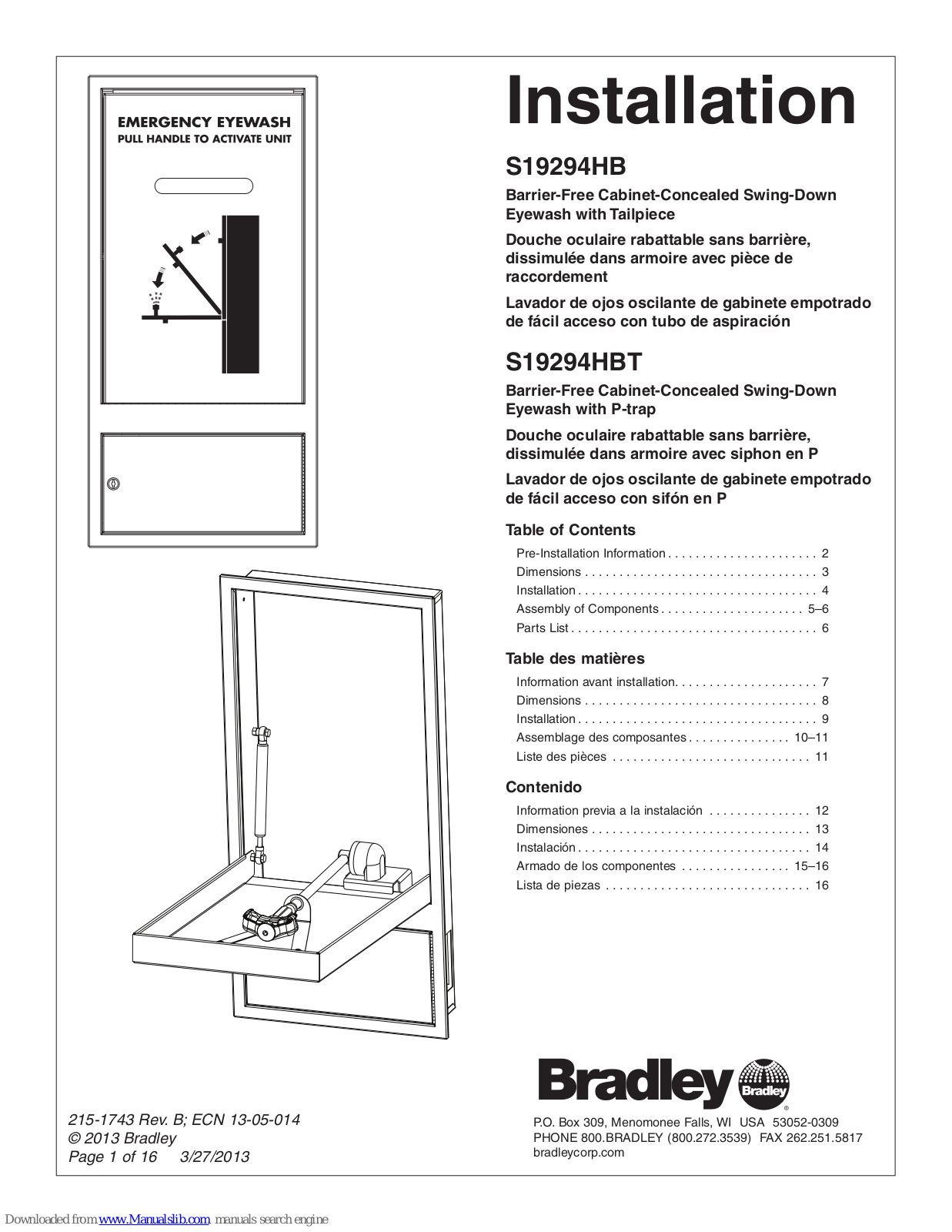 Bradley S19294HB, S19294HBT Installation Manual