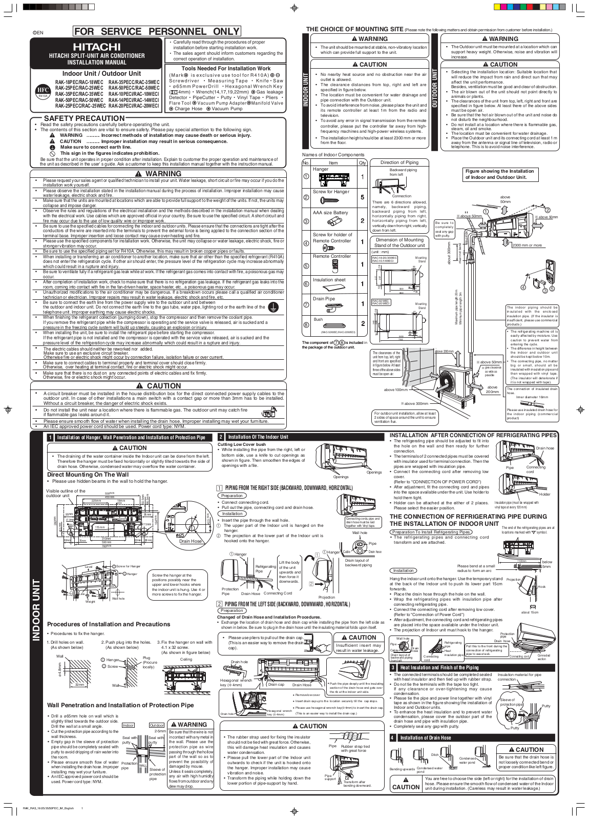 Hitachi RAK-18PEC, RAC-18WEC, RAK-35PEC, RAC-35WEC, RAK-50PEC Installation manual