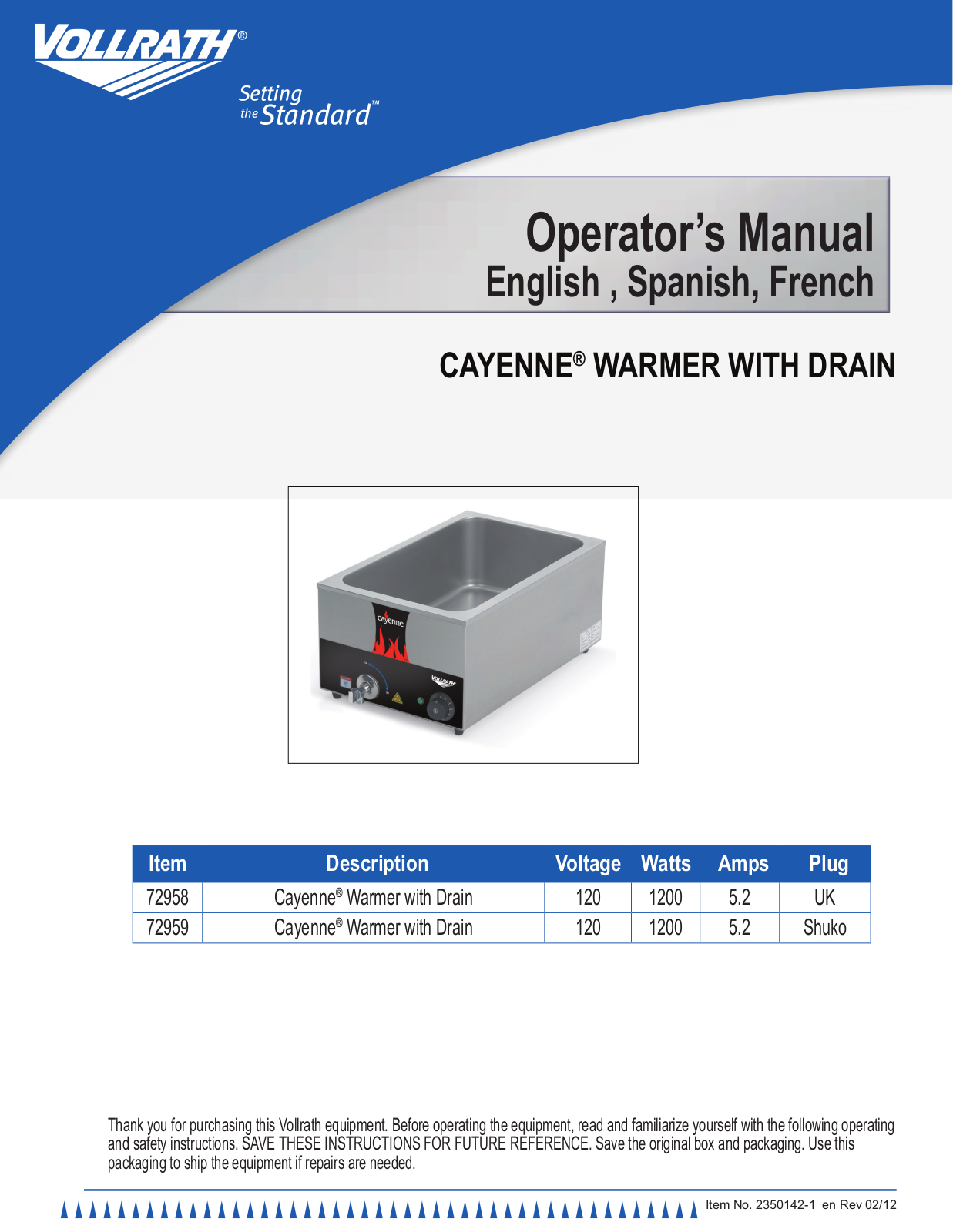 Vollrath 72958 Installation  Manual