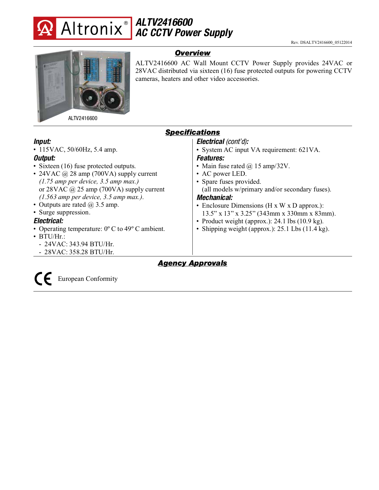 Altronix ALTV2416600 Specsheet