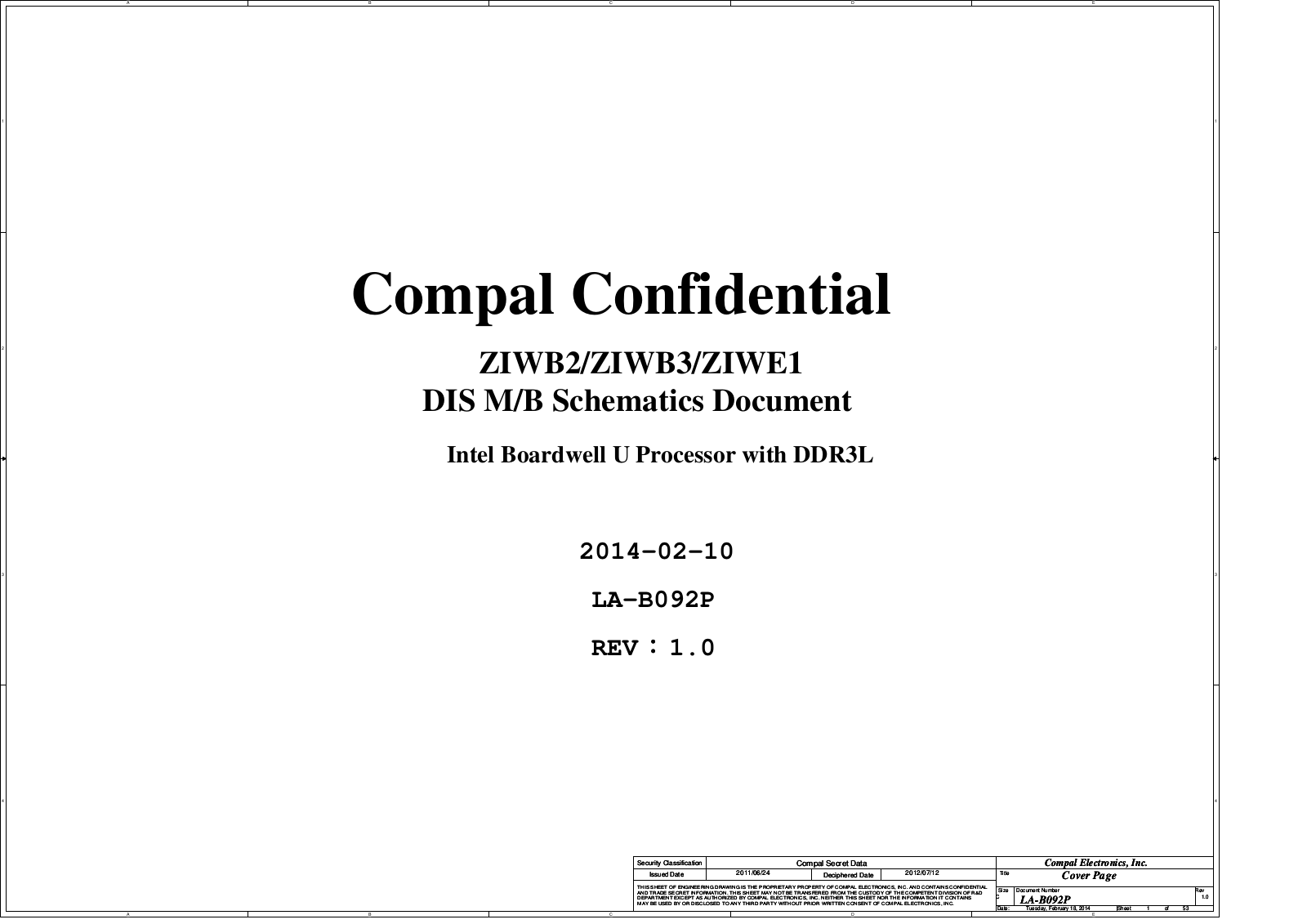 Compal LA-B092P ZIWB2, B50-70, LA-B092P ZIWB3, LA-B092P ZIWE1 Schematic