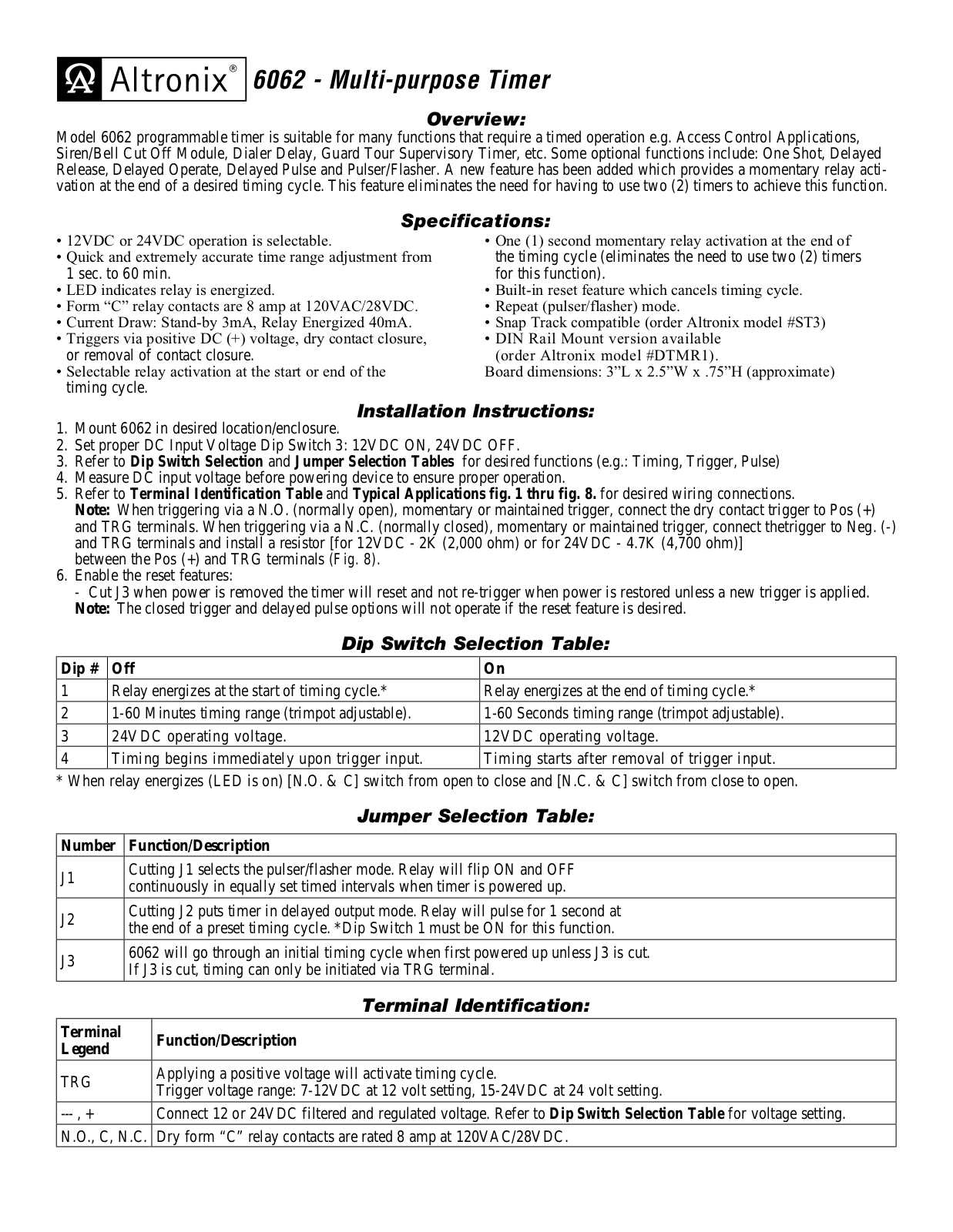 Altronix 6062 Installation Instructions