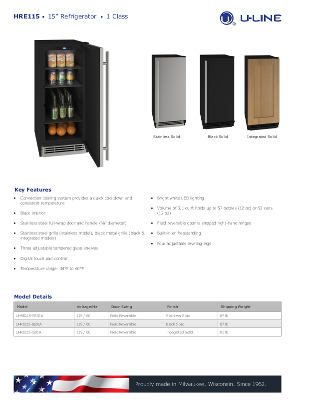 ULine UHRE115SS01A, UHRE115BS01A, UHRE115IS01A Specification Sheet