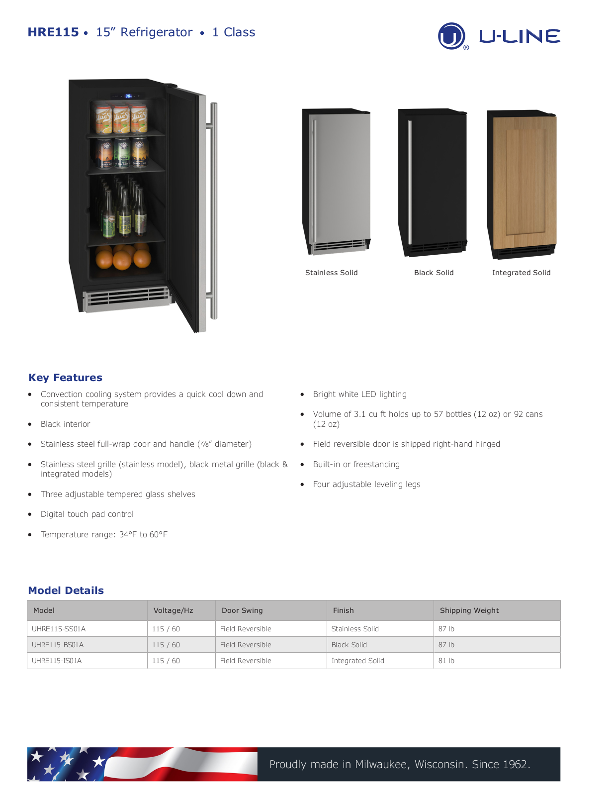 U-Line UHRE115-SS01A, UHRE115-BS01A, UHRE115-IS01A Specification Sheet