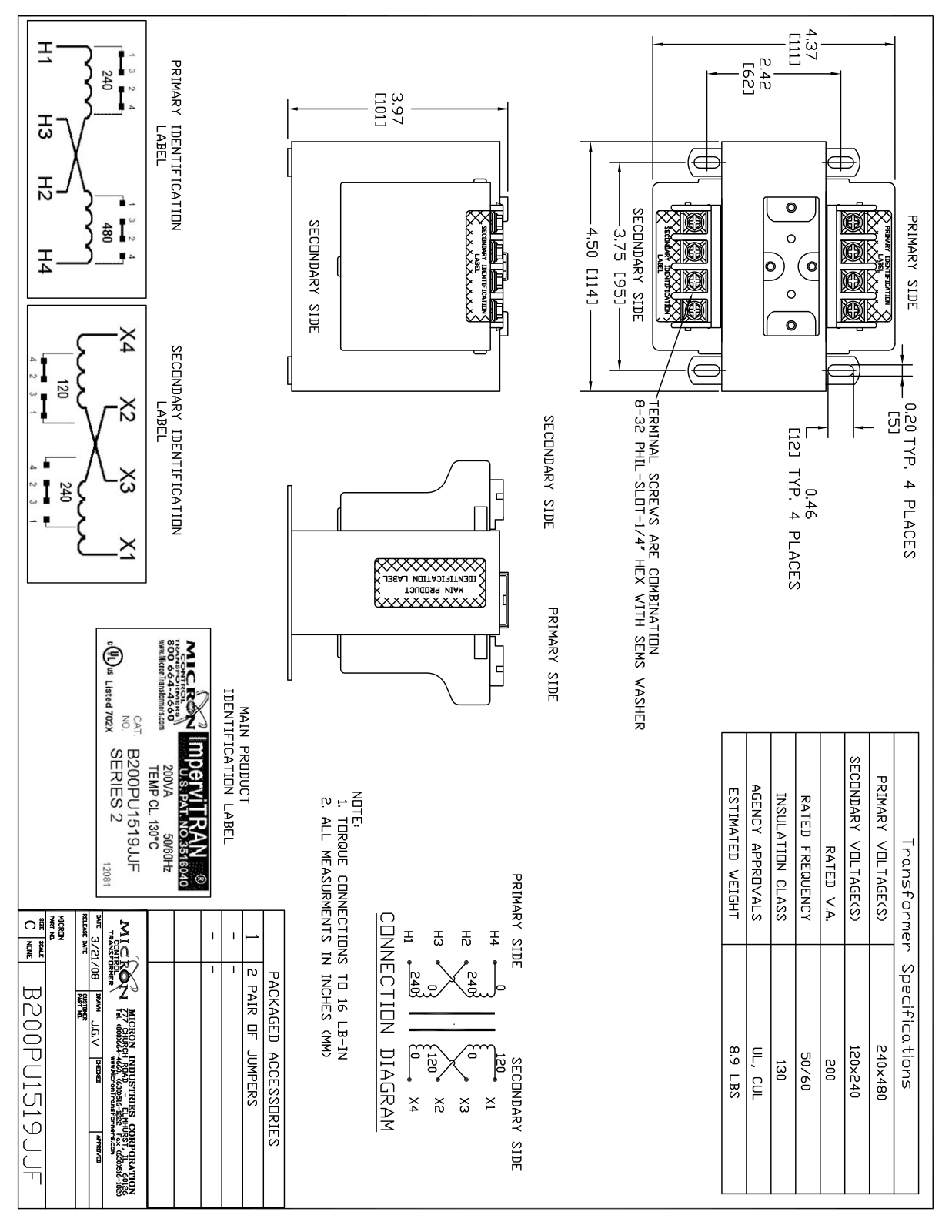 Micron Industries B200PU1519JJF Specification Sheet