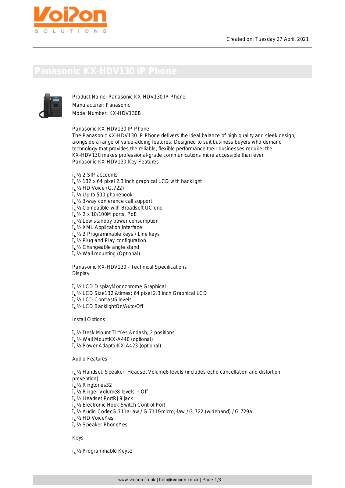 Panasonic KX-HDV130 Datasheet