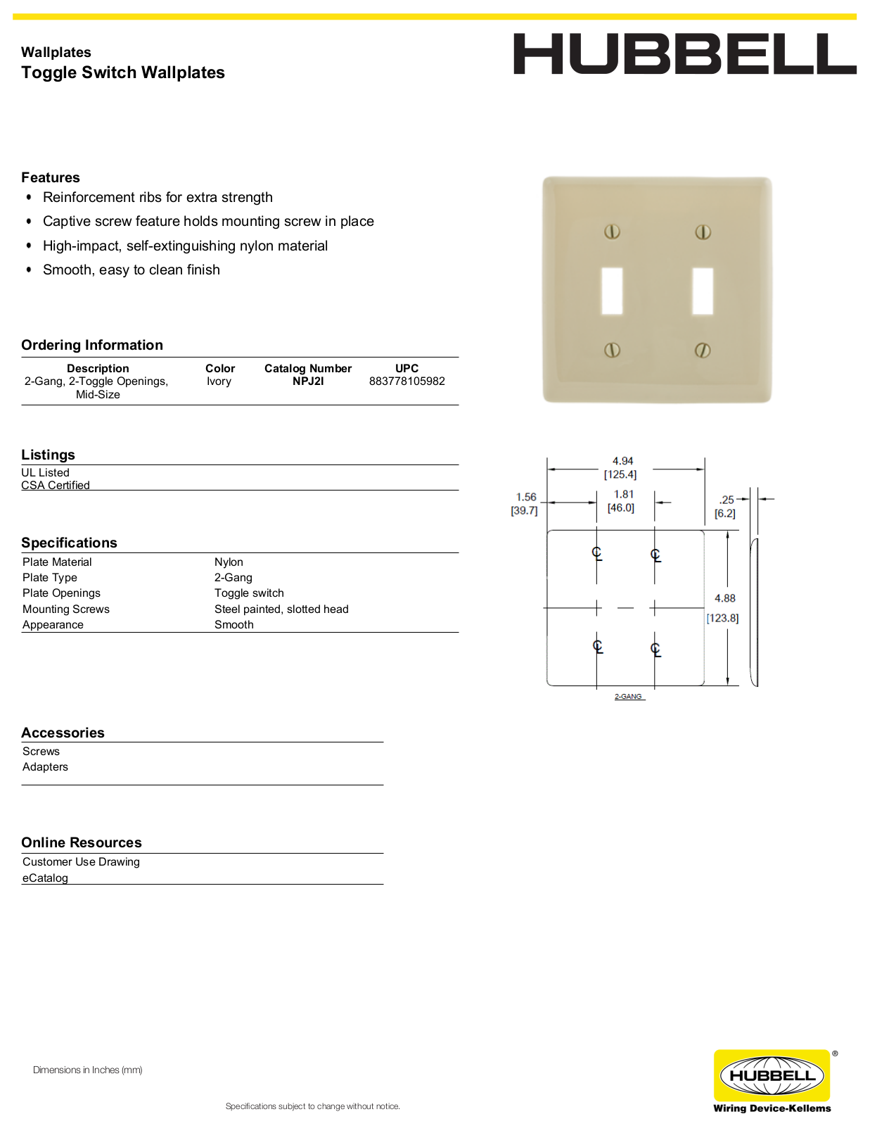 Hubbell NPJ2I Specifications