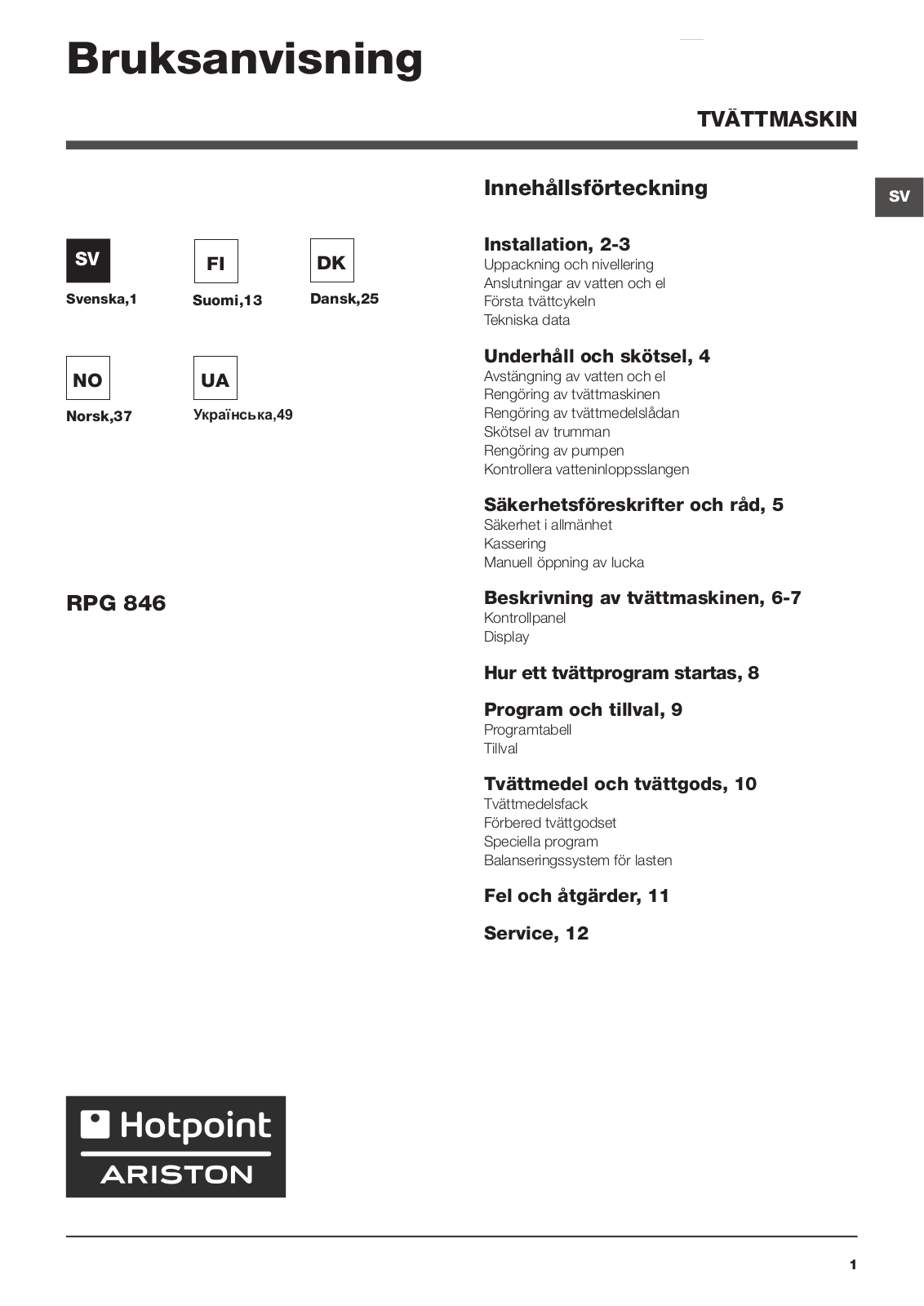 HOTPOINT/ARISTON RPG 846 DD EU User Manual