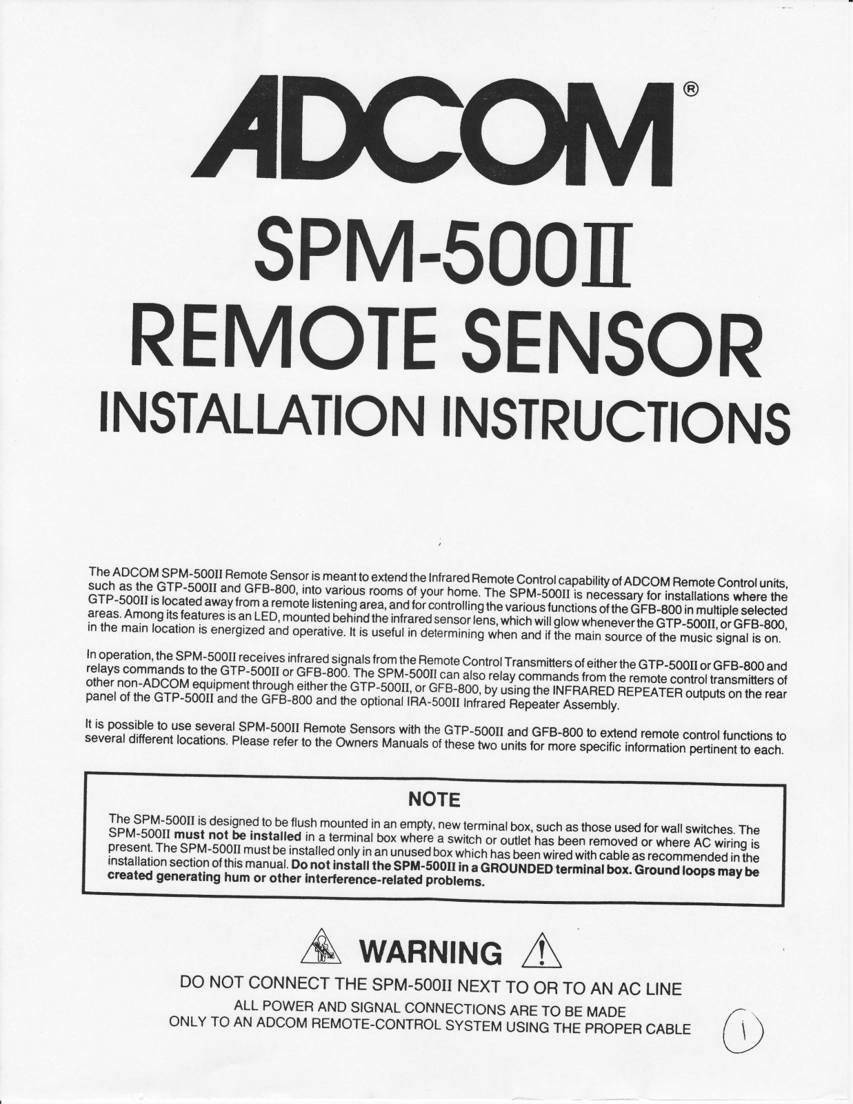 Adcom SPM-500II INSTALLATION GUIDE