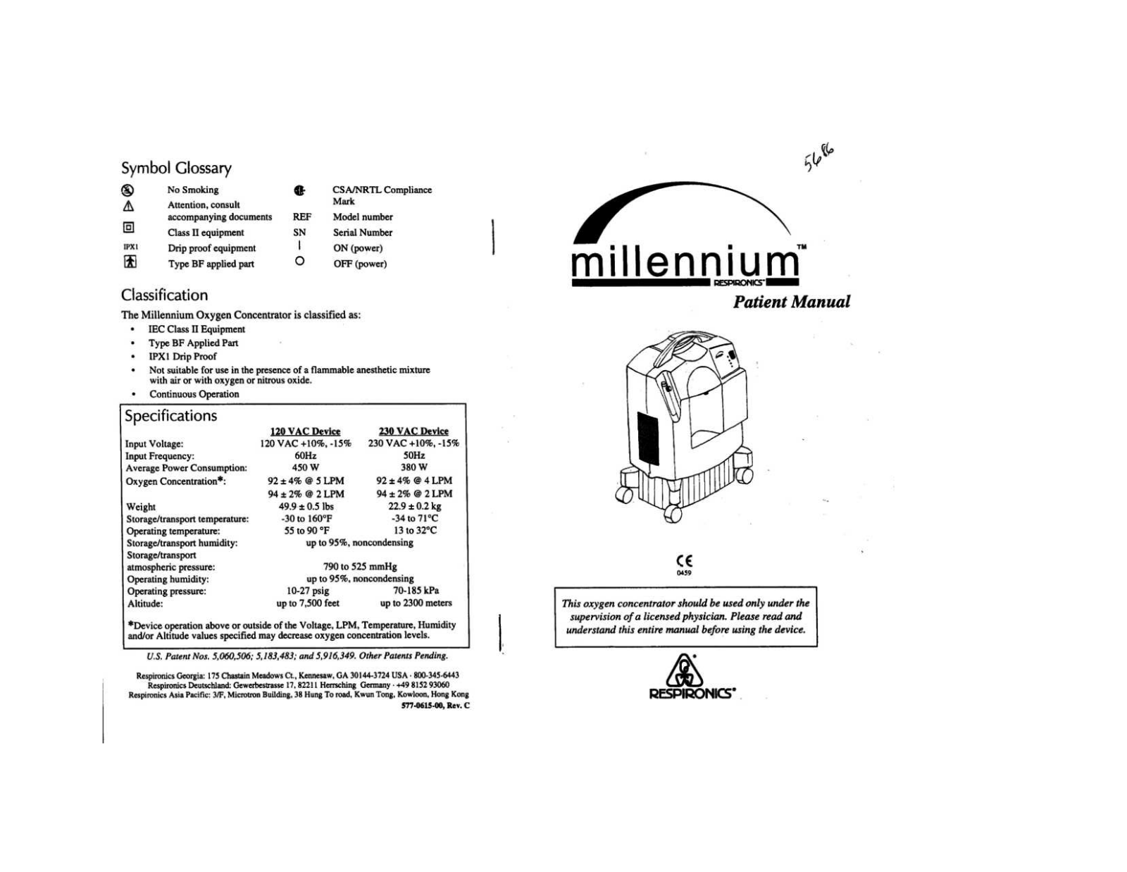 Respironics Millenium User manual