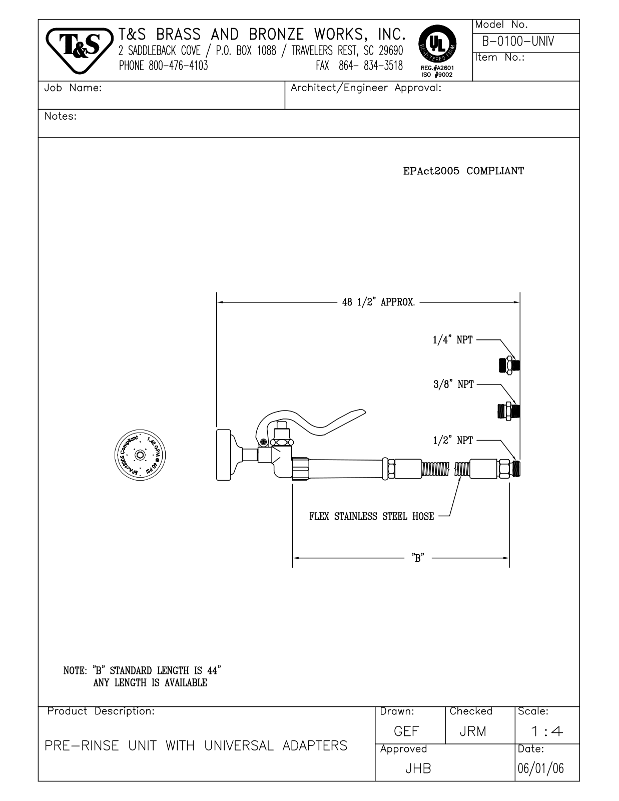 T&S Brass B-0100-UNIV User Manual