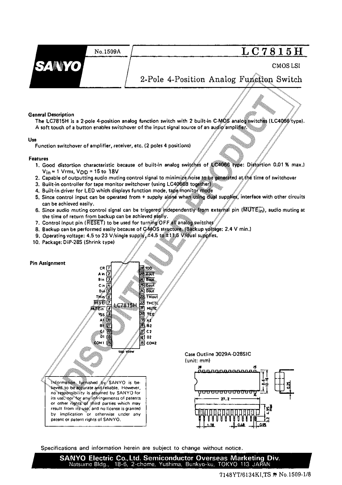 Sanyo LC7815H Specifications