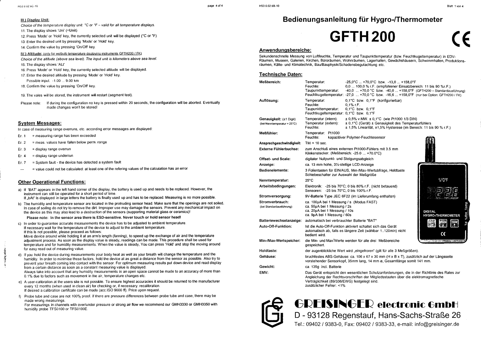 Greisinger GFTH200 User guide