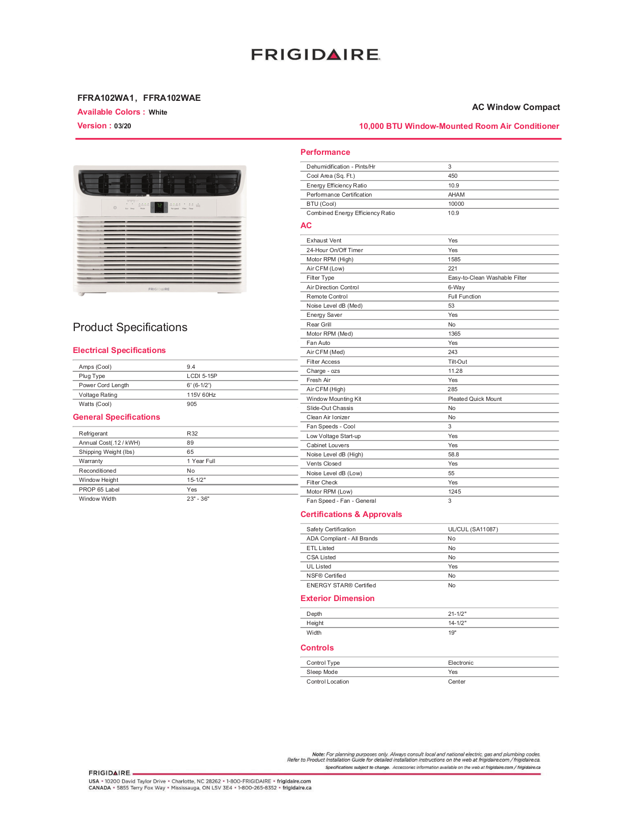 Frigidaire FFRA102WA1, FFRA102WAE Specification Sheet