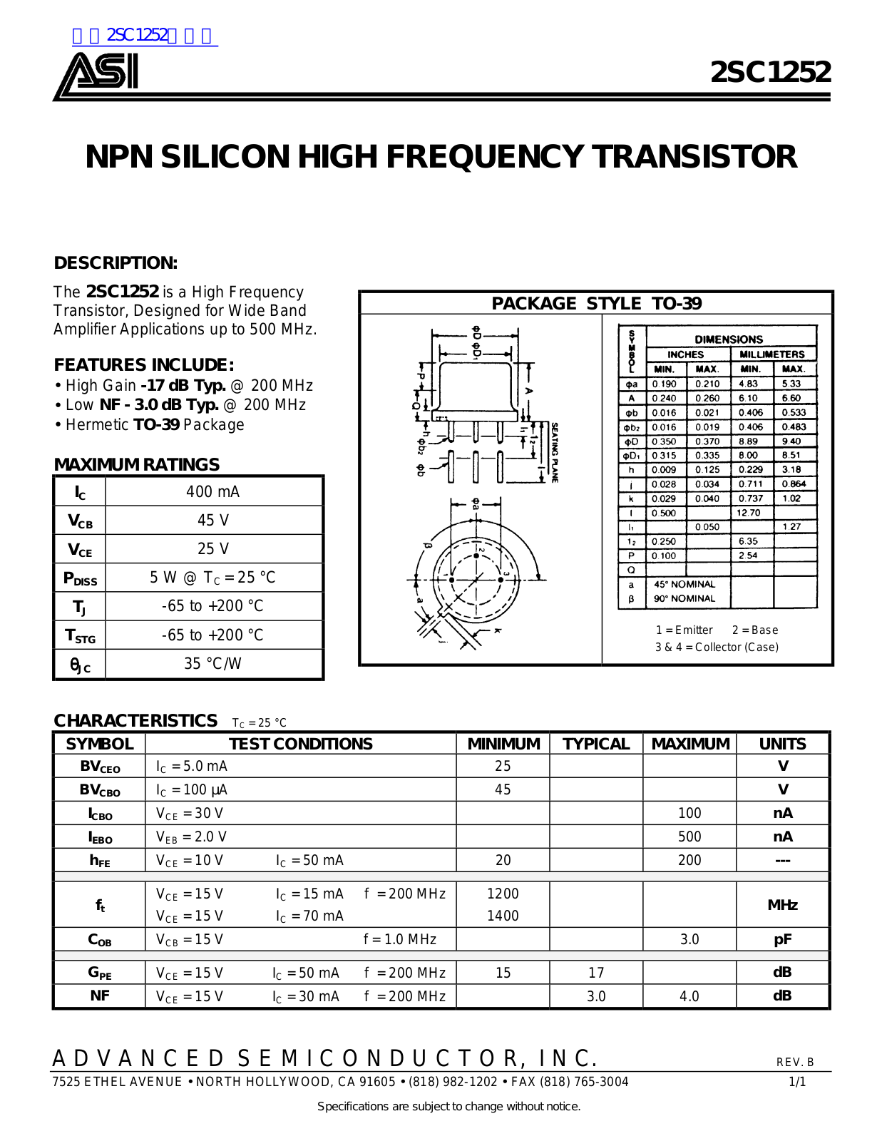 Datasheet 2SC1252 Datasheet (ASI) - ManualMachine.com