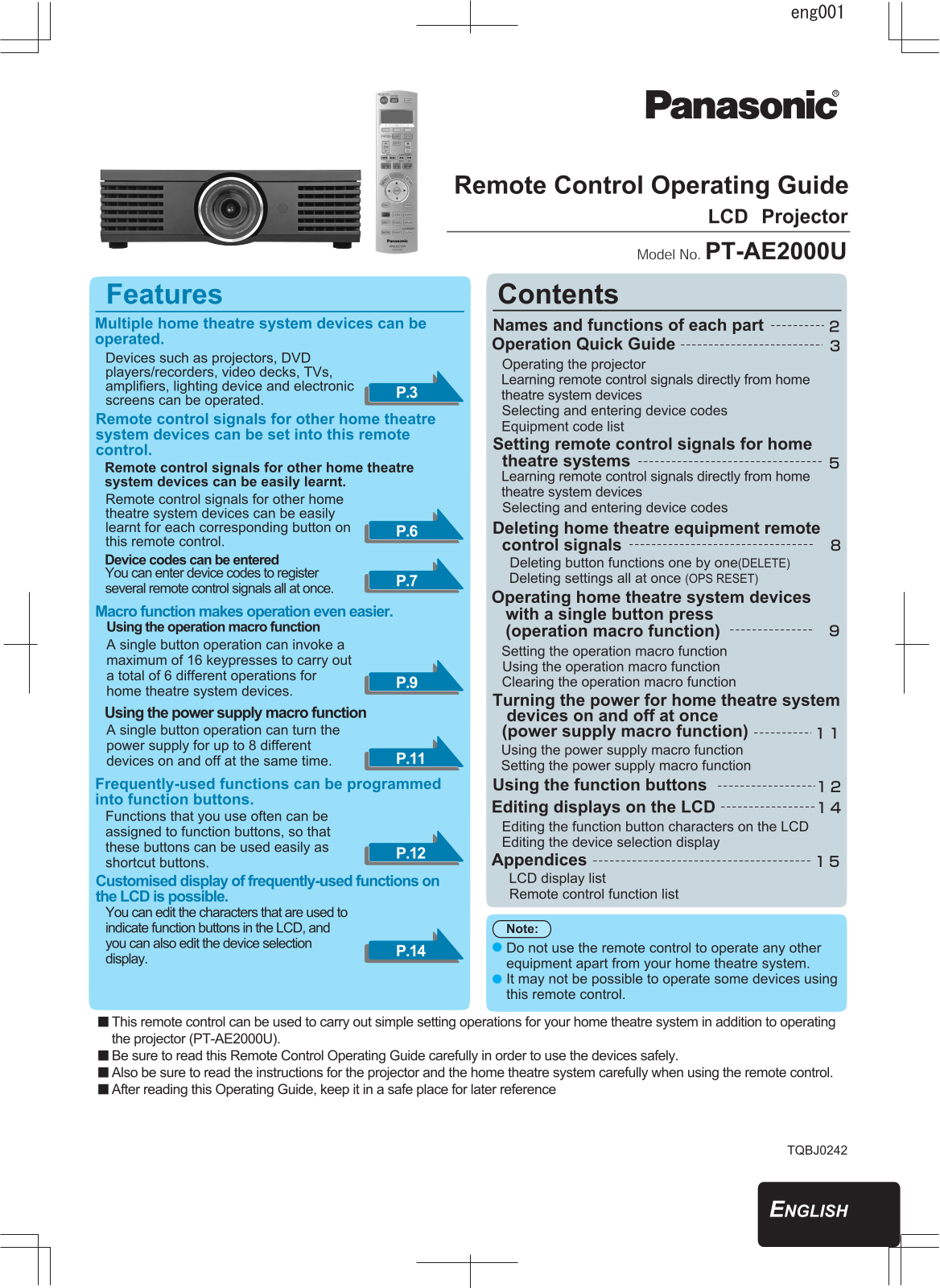 Panasonic pt-ae2000 Operation Manual