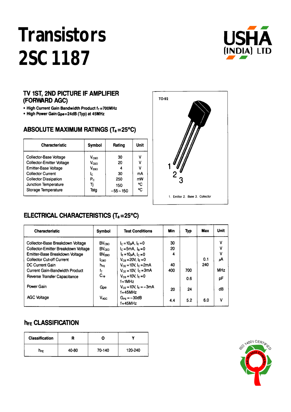 USHA 2SC1187 Datasheet