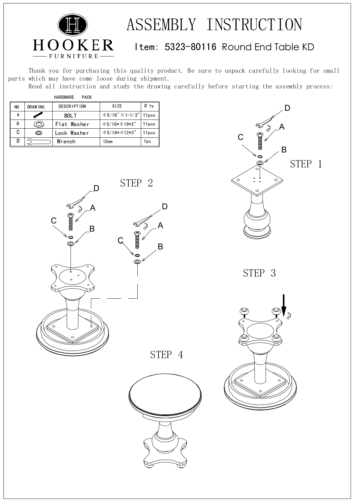 Hooker Furniture 532380116 Assembly Guide