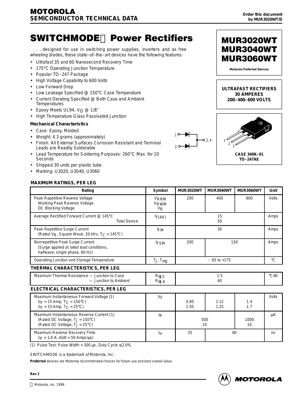 Motorola MUR3040WT, MUR3020WT, MUR3060WT Datasheet