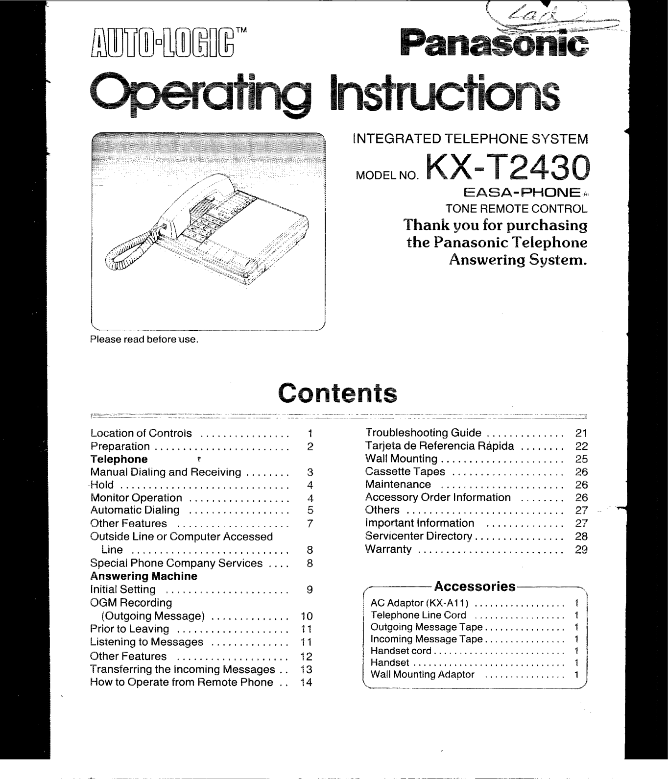 Panasonic kx-t2430 Operation Manual