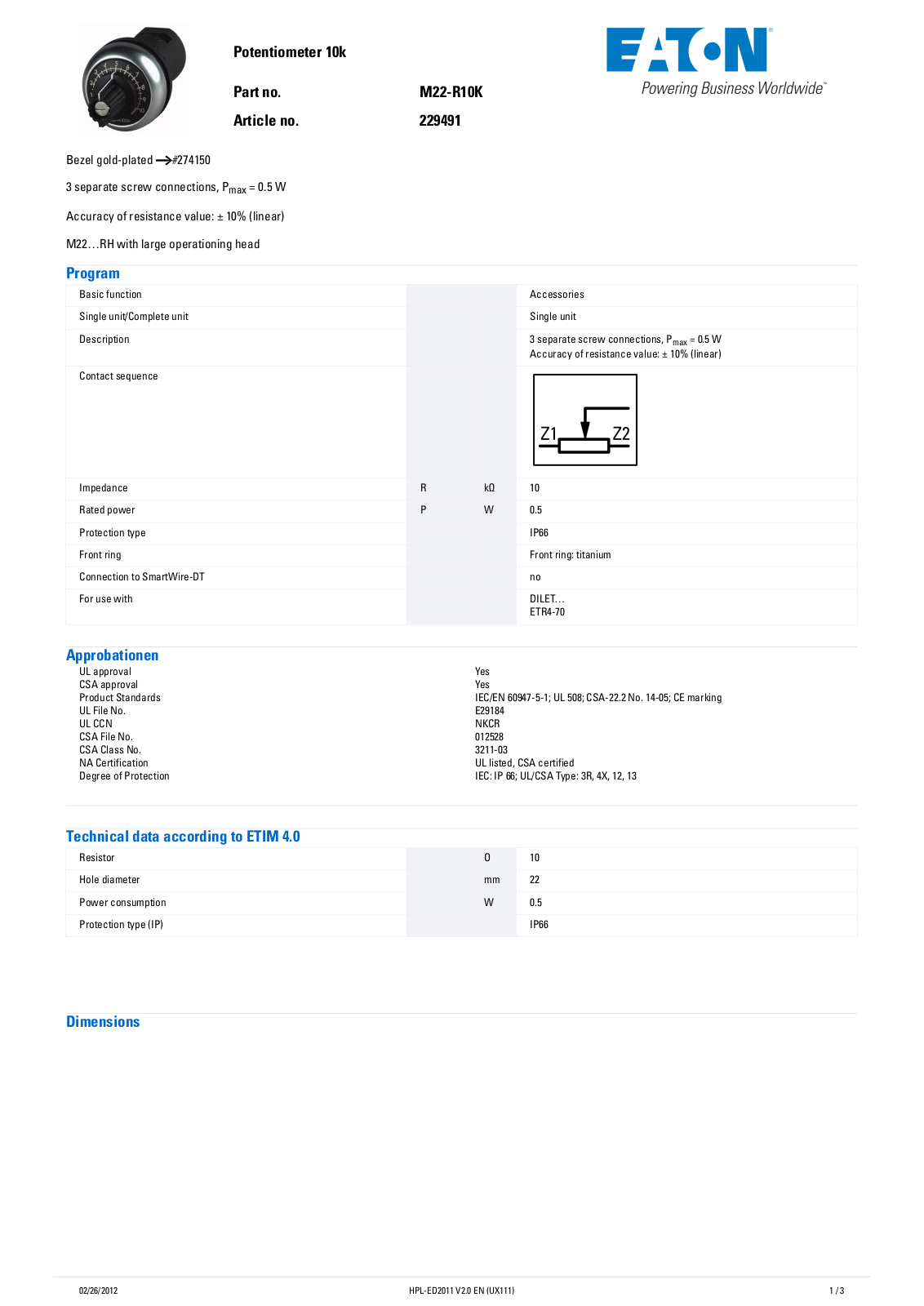 Cutler Hammer, Div of Eaton Corp M22-R10K Data Sheet