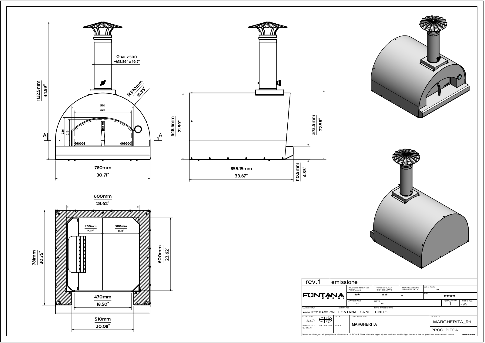 Fontana Forni CAFTMARRGAS, CAFTMARSGAS, CAFTMARAGAS Dimensions drawing