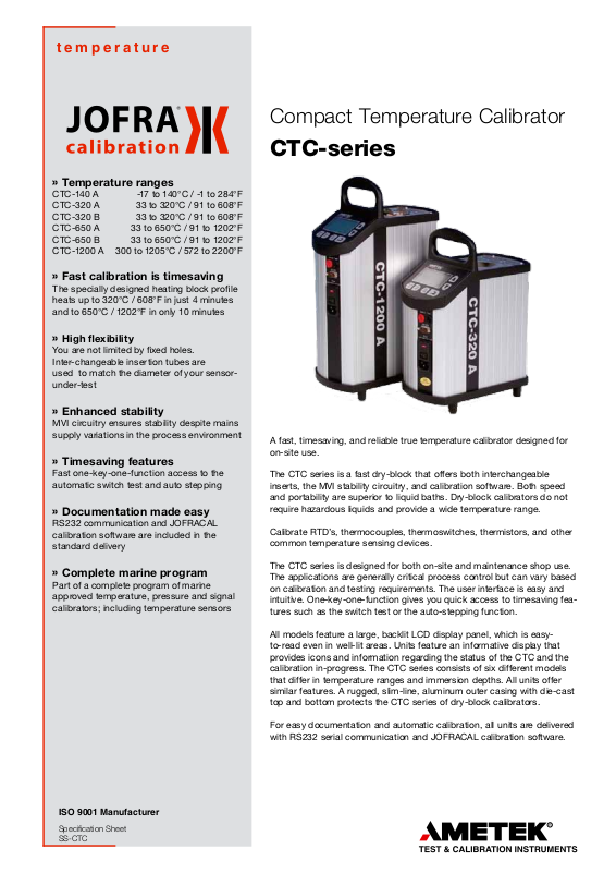 Ametek CTC-140 A, CTC-320 A, CTC-320 B, CTC-650 A, CTC-650 B Specifications