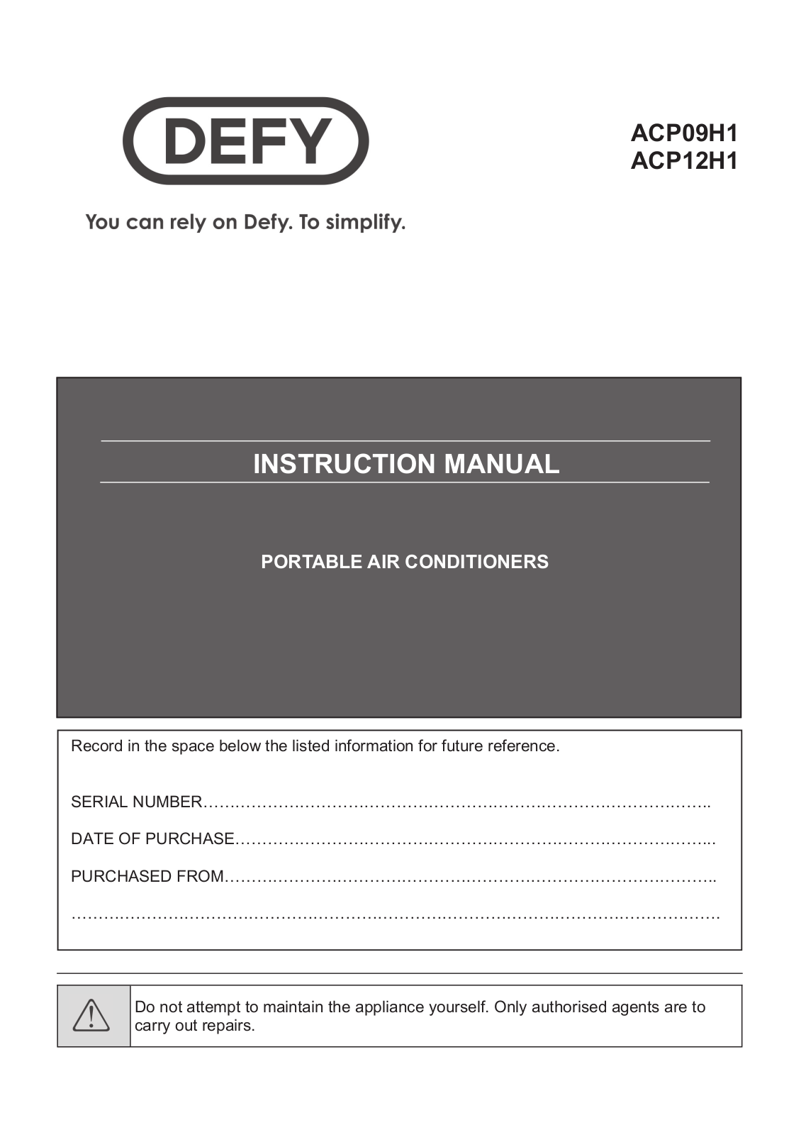 Defy ACP09H1, ACP12H1 User Manual