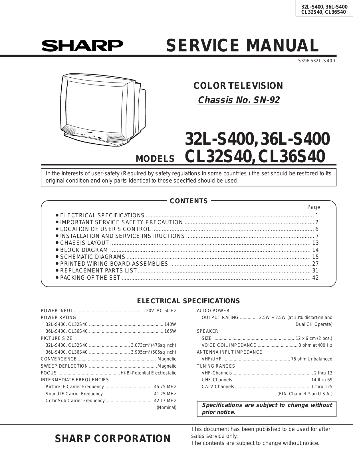 SHARP 32L-S400, 36L-S400, CL32S40, CL36S40 Service Manual