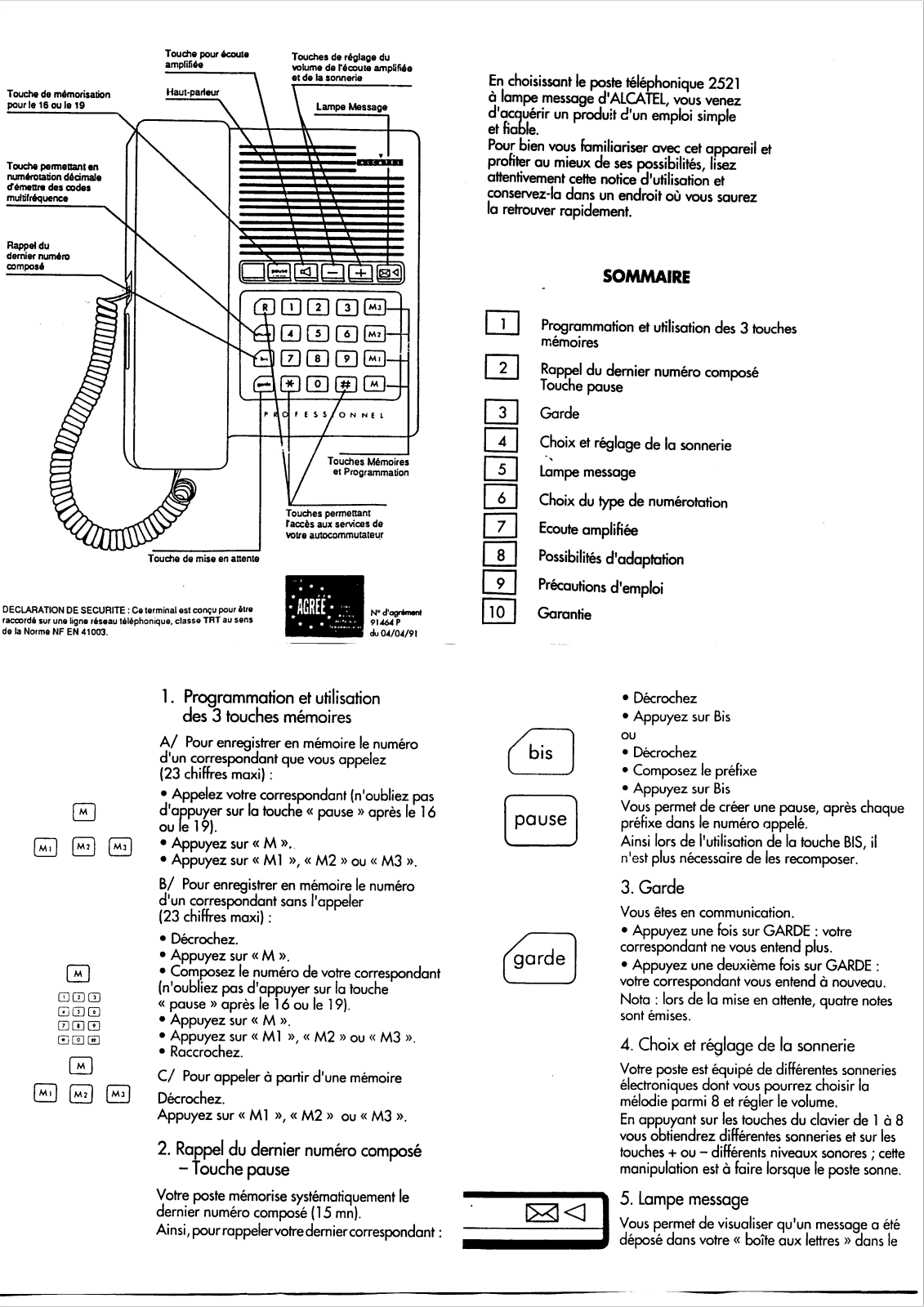 Alcatel PROFESSIONNEL 2521 User notes