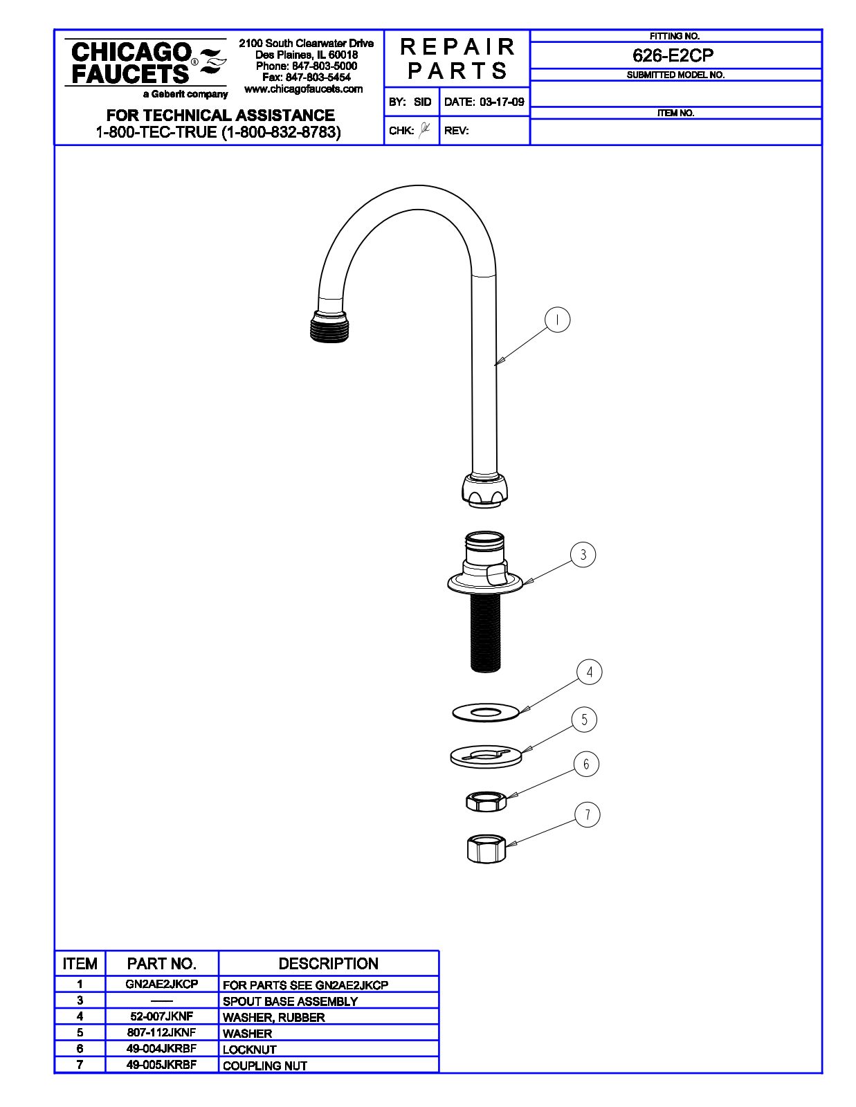 Chicago Faucet 626-E2CP Parts List