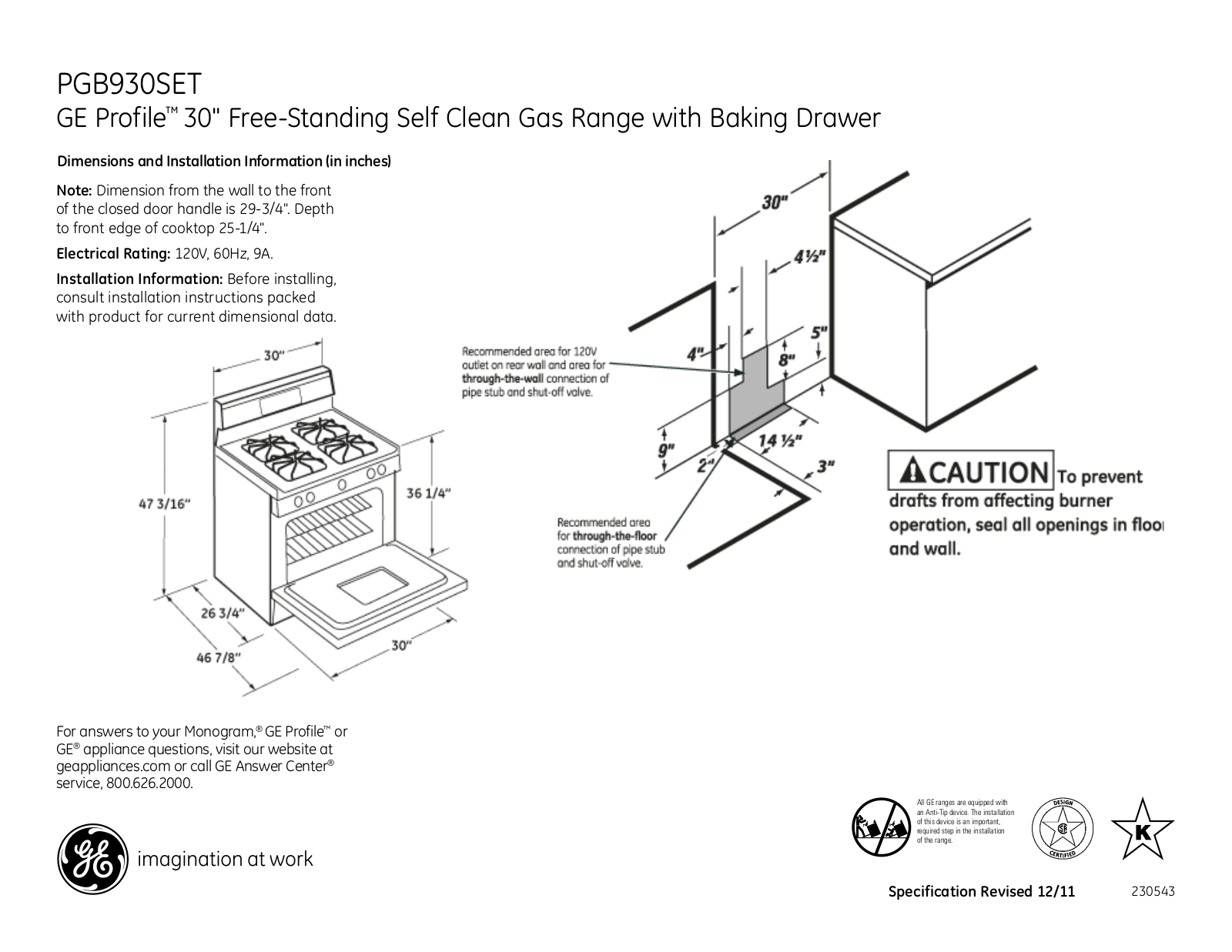 GE PGB930SET Specification