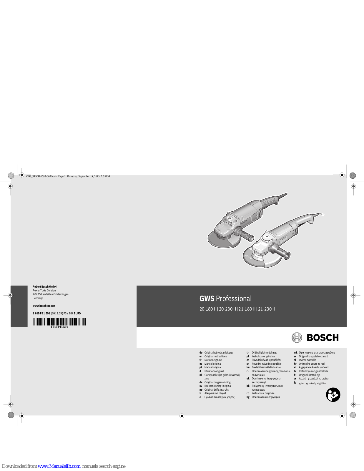 Bosch GWS Professional 21-180 H, GWS Professional 20-180 H, GWS Professional 20-230 H, GWS Professional 21-230 H Original Instructions Manual