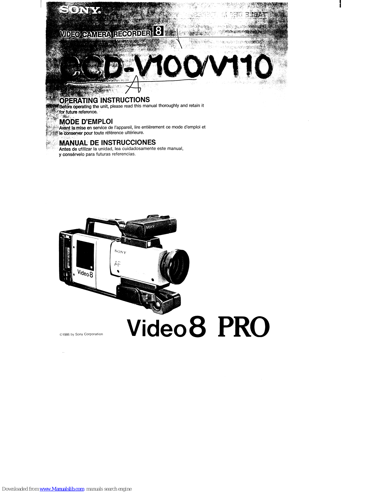 Sony Video 8 Pro CCD-V100,Video 8 Pro CCD-V110,Video 8 Pro CCD-V100 Operating Instructions Manual