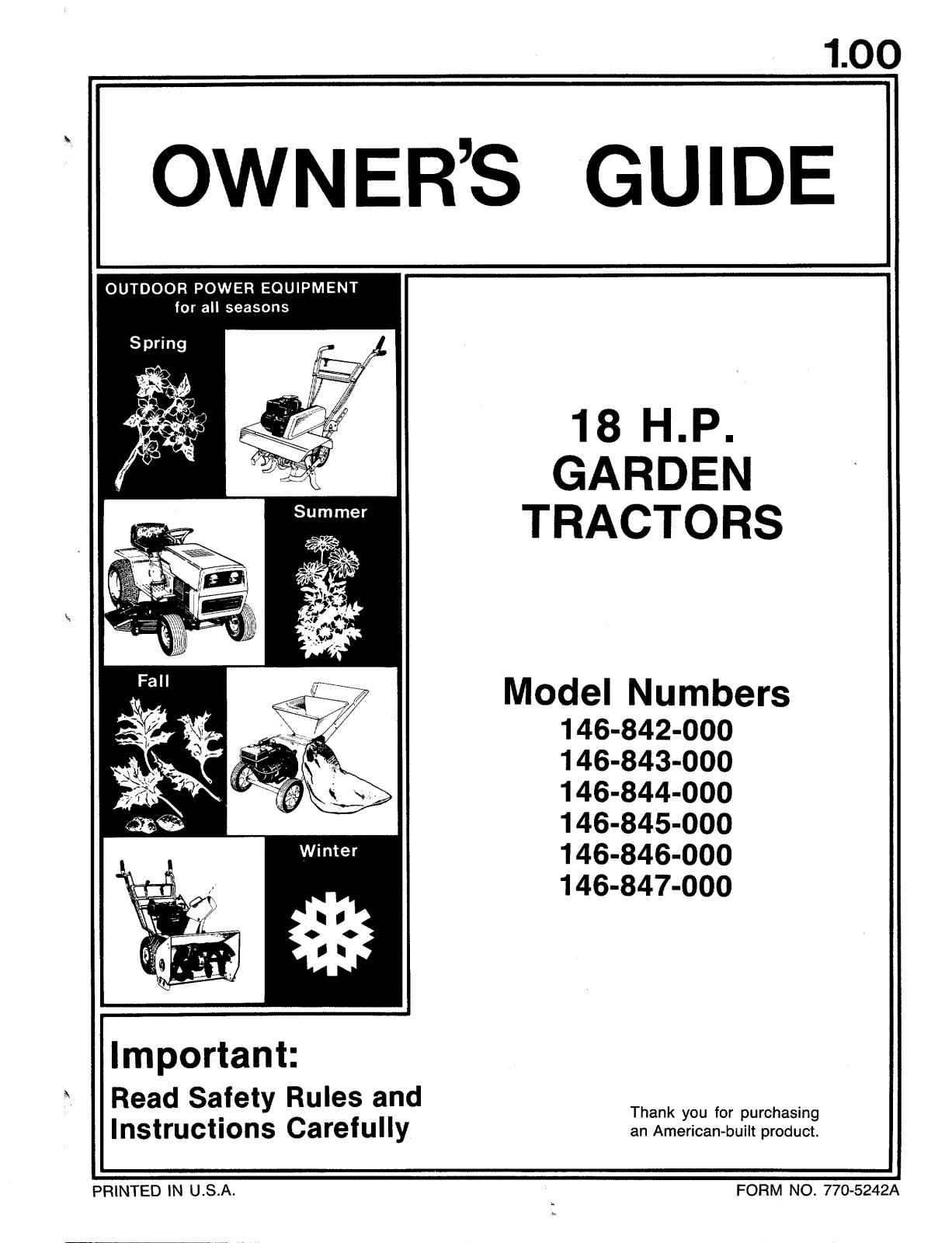 Mtd 146-842-000, 146-843-000, 146-844-000, 146-845-000, 146-846-000 owners guide