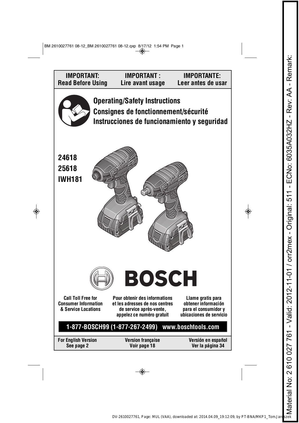 Bosch 24618, 25618, IWH181 Operating/safety Instructions Manual